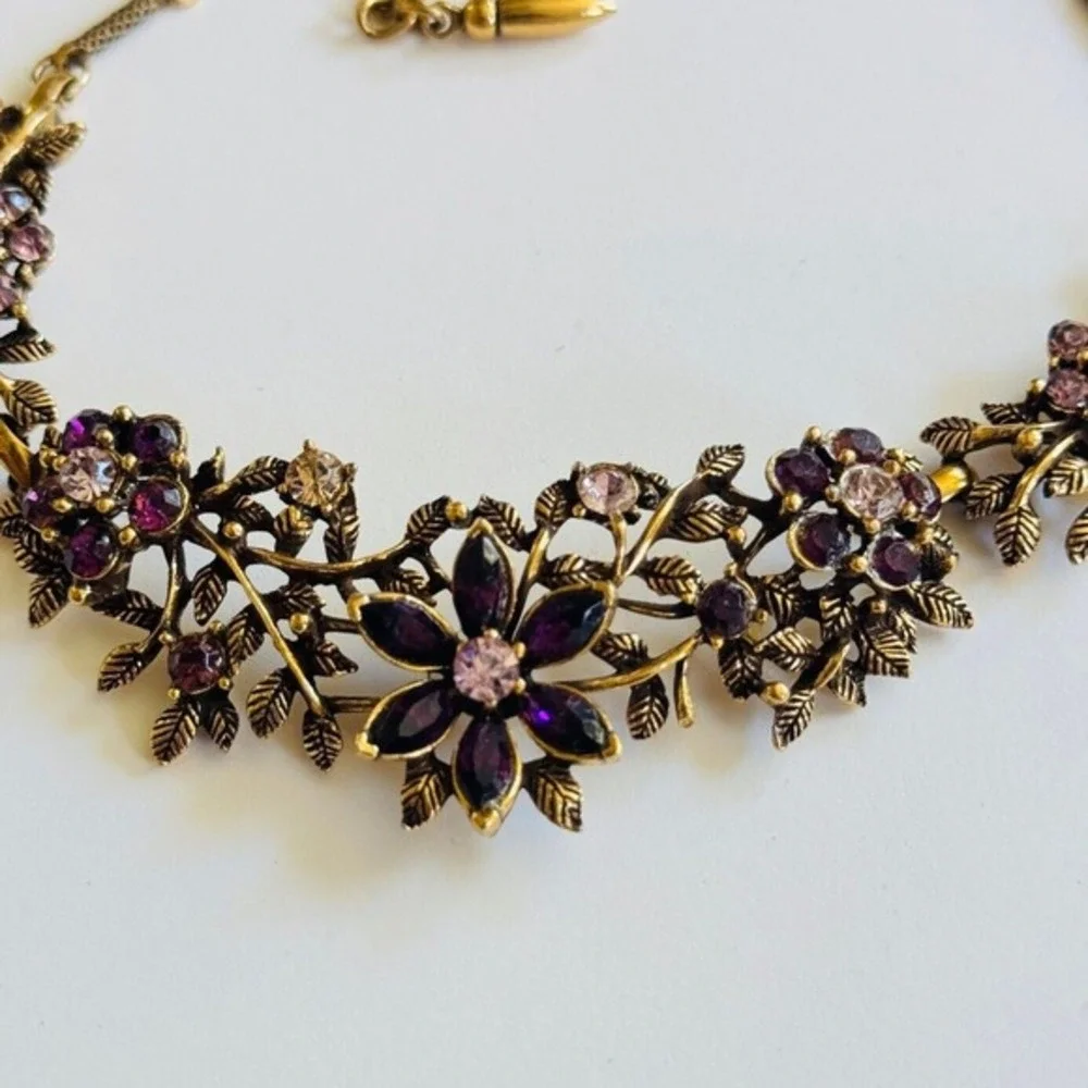 VTG‎ Flower Crystal Rhinestone Necklace Bronze Rare Regency Purple Lilac Floral